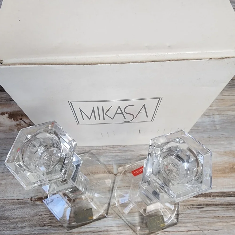 Mikasa Oxford Crystal Candleholder Pair 7 inch Hexagon Base Austria T9998/339